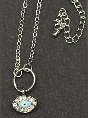 Evil Eye Necklace Silver Tone Rhinestone Light Blue Enamel Protection Pendant